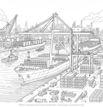 Hafen mit Containerschiffen und Kran Ausmalbild