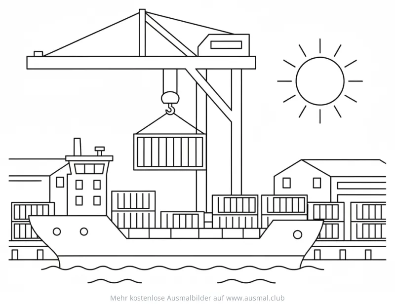 Kran hebt Container auf Frachtschiff im Hafen Ausmalbild