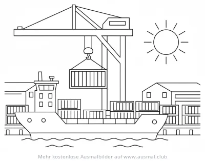 Kran hebt Container auf Frachtschiff im Hafen Ausmalbild