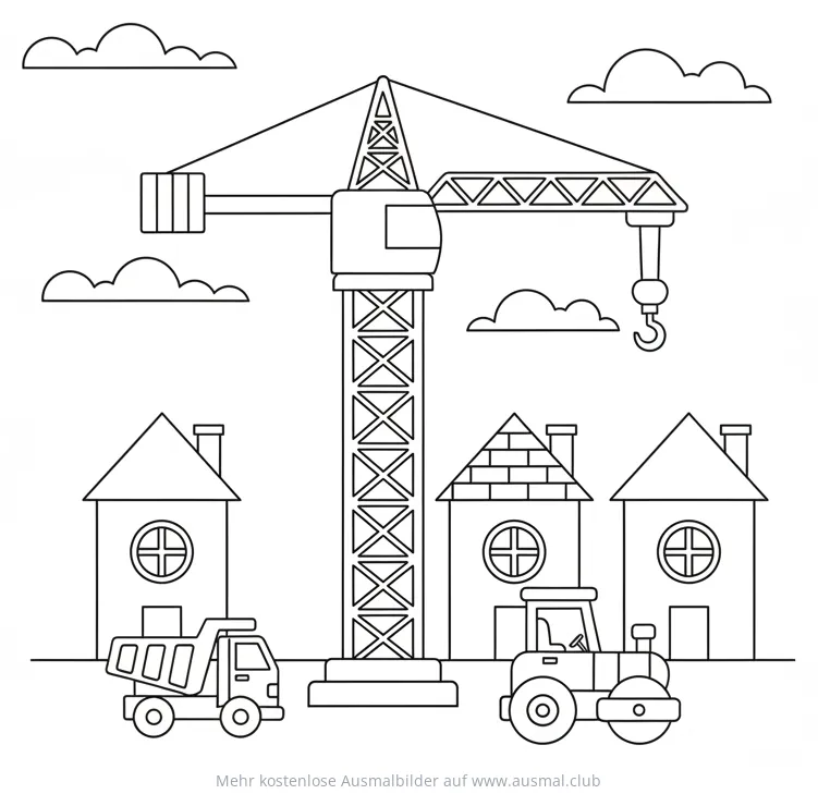 Kran Ausmalbild mit Baustelle, LKW und Walze