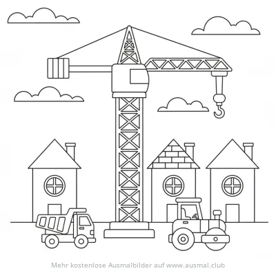 Kran Ausmalbild mit Baustelle, LKW und Walze