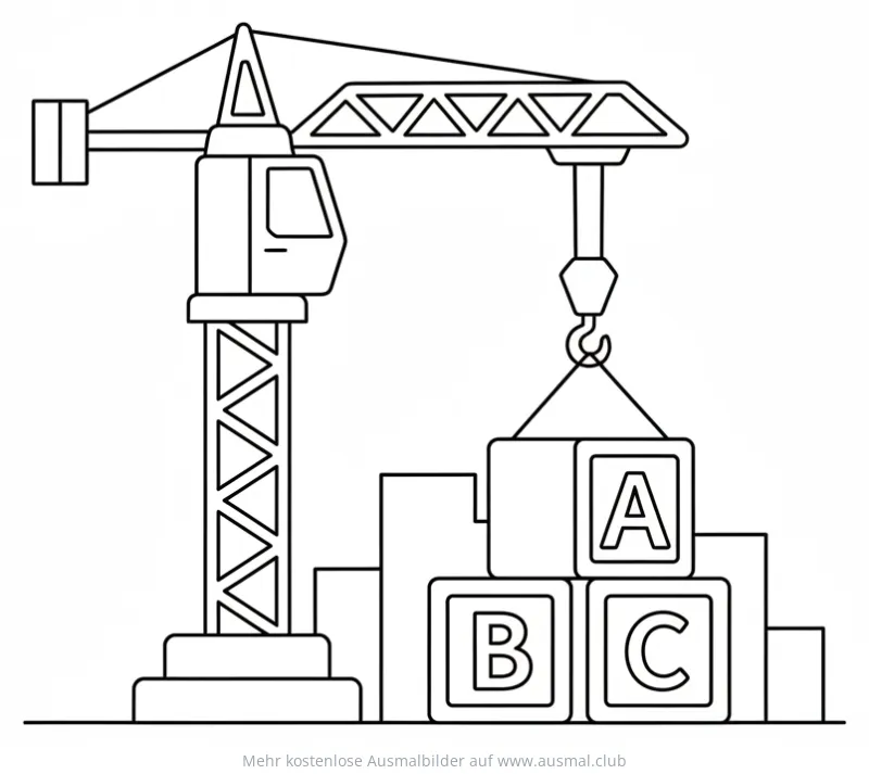 Kran mit Bauklötzen A, B, C Ausmalbild
