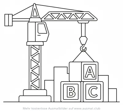 Kran mit Bauklötzen A, B, C Ausmalbild