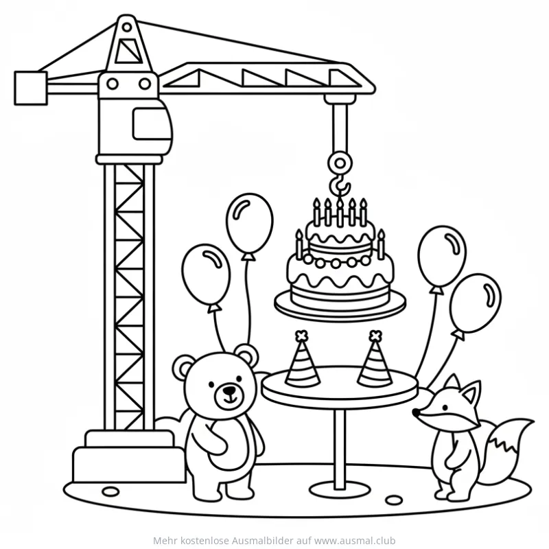 Kran Ausmalbild mit Geburtstagstorte, Teddybär und Fuchs