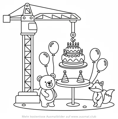Kran Ausmalbild mit Geburtstagstorte, Teddybär und Fuchs