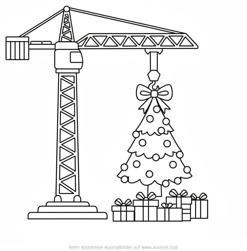Kran hebt Weihnachtsbaum mit Geschenken Ausmalbild