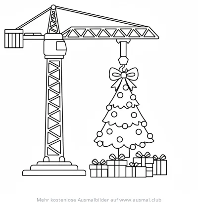 Kran hebt Weihnachtsbaum mit Geschenken Ausmalbild
