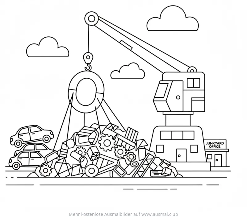 Kran mit Magnet und Schrott Ausmalbild
