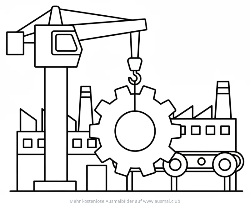 Kran hebt Zahnrad vor Industriekulisse Ausmalbild