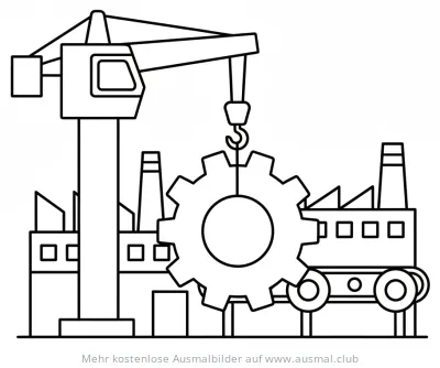 Kran hebt Zahnrad vor Industriekulisse Ausmalbild