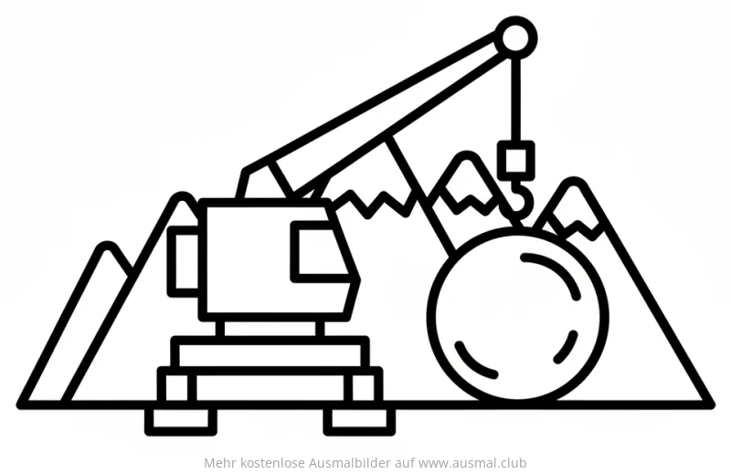 Kran mit Abrissbirne vor Felslandschaft Ausmalbild