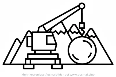 Kran mit Abrissbirne vor Felslandschaft Ausmalbild
