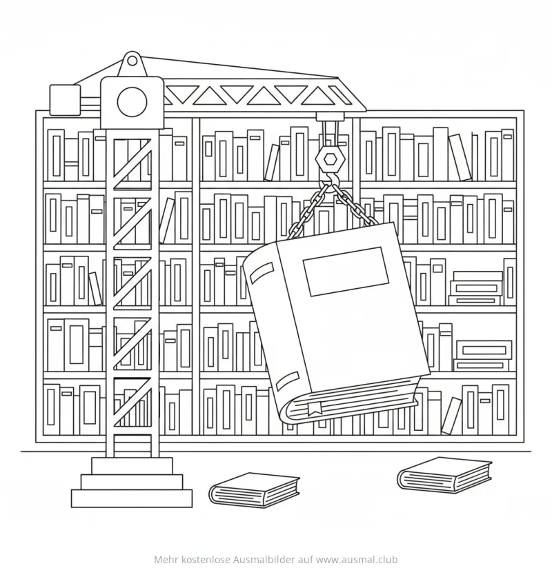 Kran hebt Buch vor Bücherregal Ausmalbild