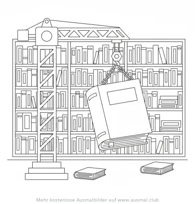 Kran hebt Buch vor Bücherregal Ausmalbild
