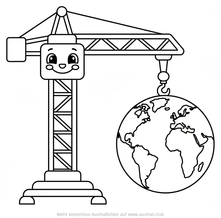 Kran mit Gesicht hebt Weltkugel Ausmalbild