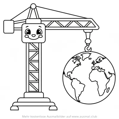 Kran mit Gesicht hebt Weltkugel Ausmalbild