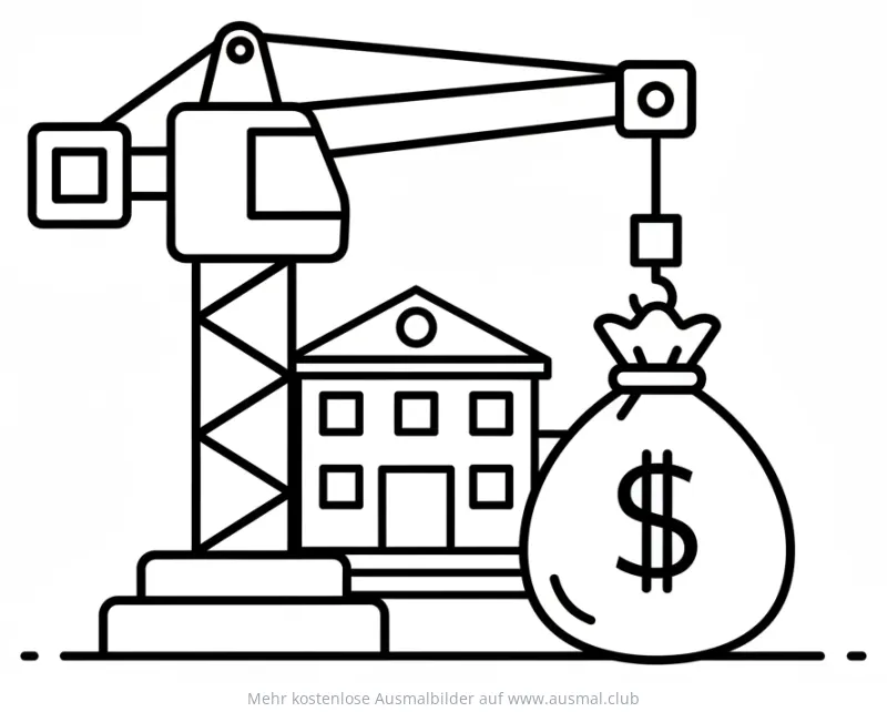 Kran hebt Geldsack vor einem Haus Ausmalbild