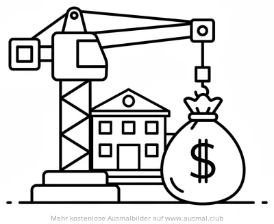 Kran hebt Geldsack vor einem Haus Ausmalbild
