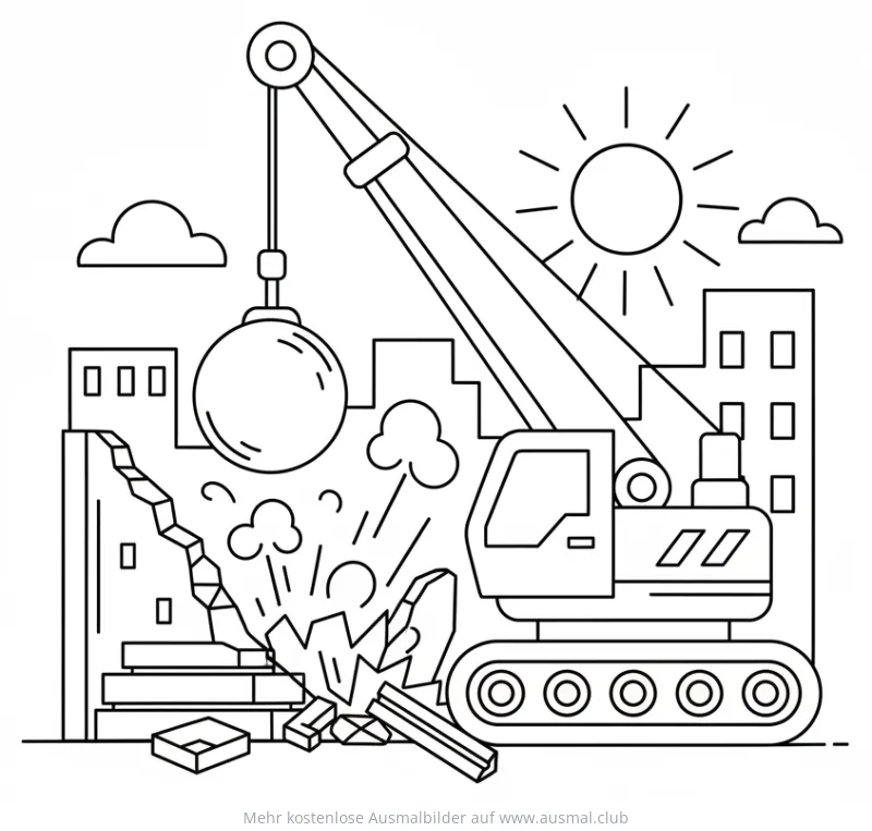 Kran mit Abrissbirne beim Gebäudeabriss Ausmalbild