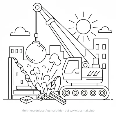 Kran mit Abrissbirne beim Gebäudeabriss Ausmalbild