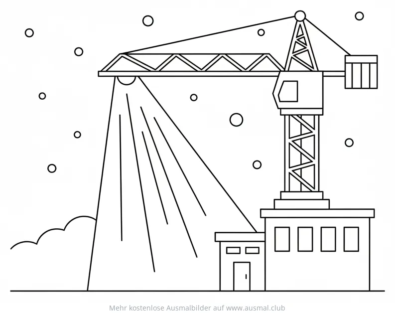 Kran Ausmalbild bei Nacht mit Scheinwerfer und Schneeflocken