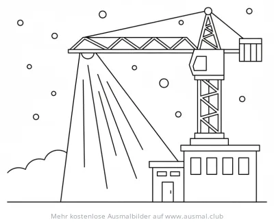 Kran Ausmalbild bei Nacht mit Scheinwerfer und Schneeflocken