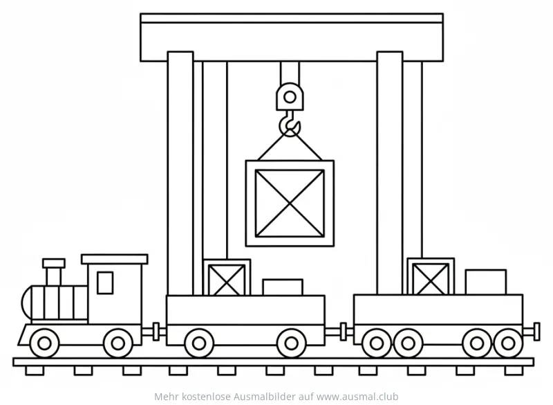 Kran hievt Container auf Güterzug Ausmalbild