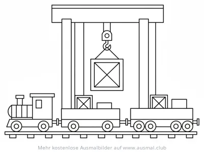 Kran hievt Container auf Güterzug Ausmalbild