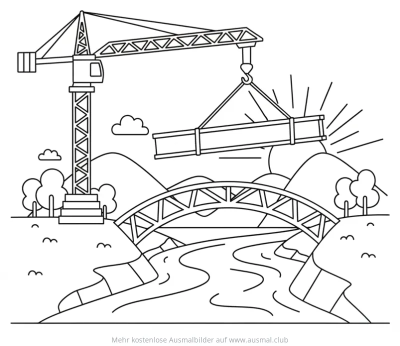 Kran hebt Bauteil über Brücke Ausmalbild