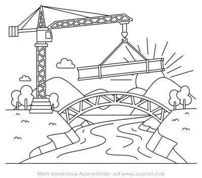 Kran hebt Bauteil über Brücke Ausmalbild