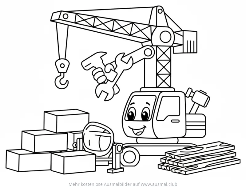 Kran mit Werkzeugen und Baumaterialien Ausmalbild