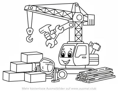 Kran mit Werkzeugen und Baumaterialien Ausmalbild