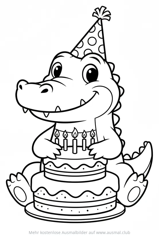 Krokodil mit Geburtstagstorte und Partyhut Ausmalbild