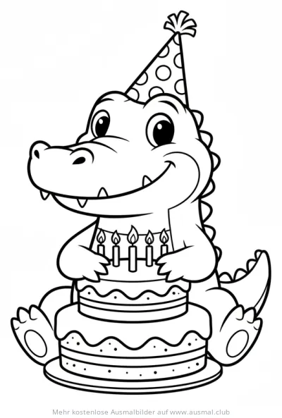 Krokodil mit Geburtstagstorte und Partyhut Ausmalbild