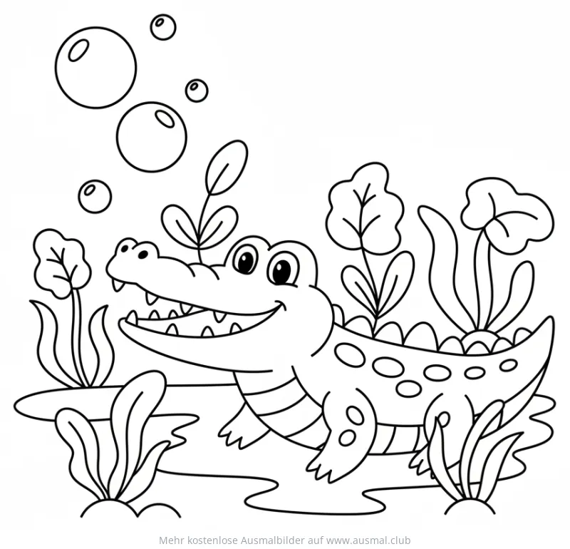 Krokodil Ausmalbild schwimmend mit Pflanzen und Blasen