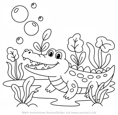 Krokodil Ausmalbild schwimmend mit Pflanzen und Blasen