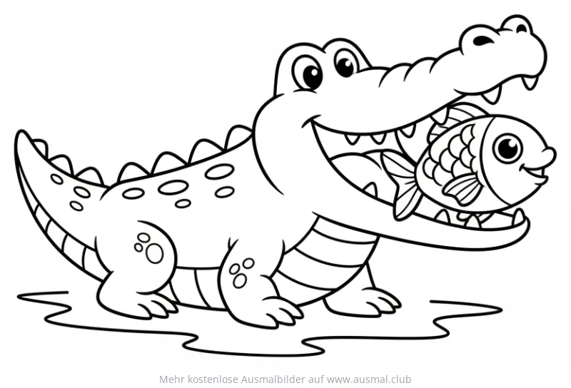 Freundliches Krokodil mit Fisch im Maul Ausmalbild