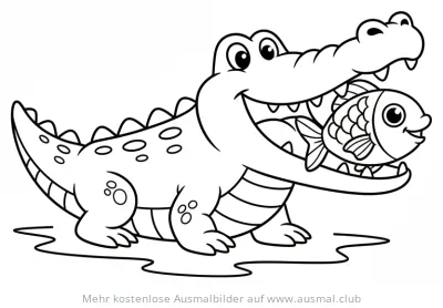 Freundliches Krokodil mit Fisch im Maul Ausmalbild