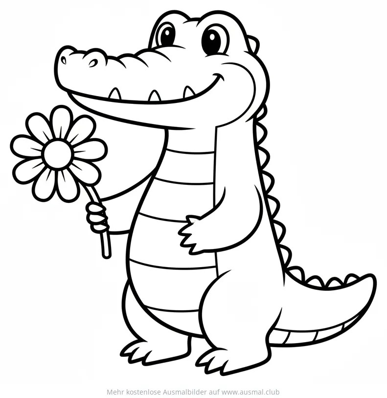 Freundliches Krokodil hält eine Blume Ausmalbild