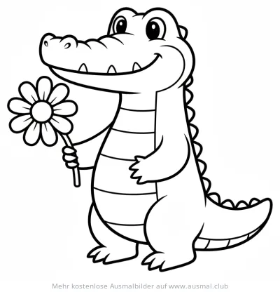 Freundliches Krokodil hält eine Blume Ausmalbild