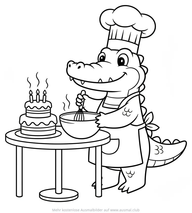 Krokodil mit Kochmütze backt Kuchen Ausmalbild
