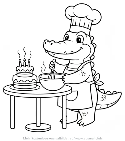 Krokodil mit Kochmütze backt Kuchen Ausmalbild