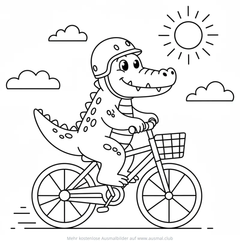 Krokodil mit Fahrrad und Helm Ausmalbild