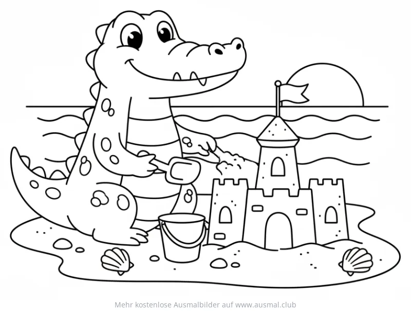 Krokodil baut Sandburg am Strand Ausmalbild