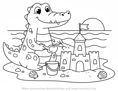 Krokodil baut Sandburg am Strand Ausmalbild