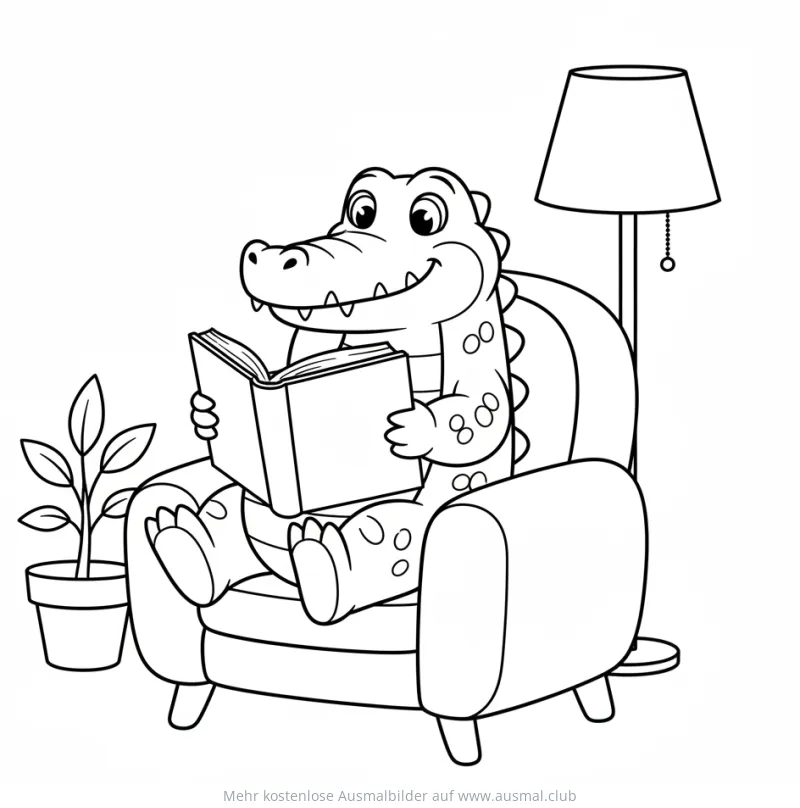 Krokodil sitzt lesend im Sessel Ausmalbild