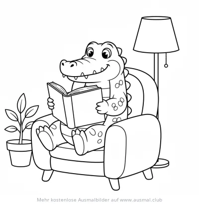 Krokodil sitzt lesend im Sessel Ausmalbild