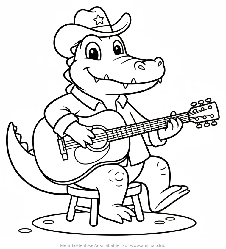 Krokodil mit Cowboyhut spielt Gitarre Ausmalbild