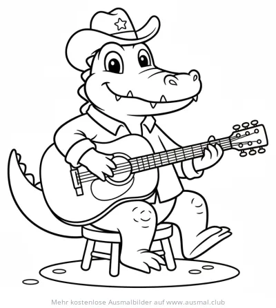 Krokodil mit Cowboyhut spielt Gitarre Ausmalbild