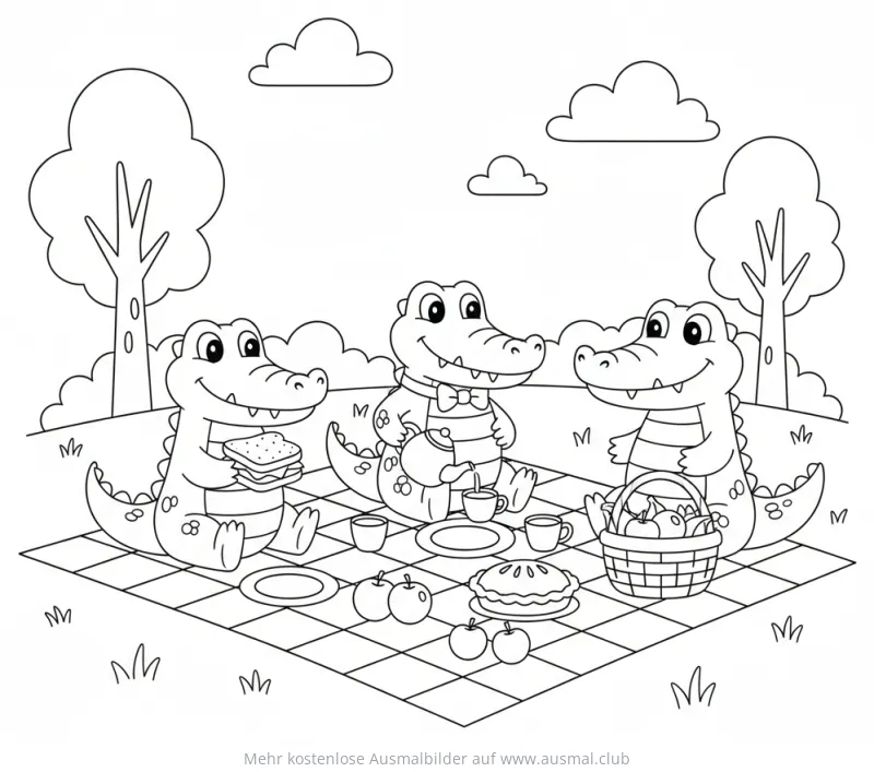 Drei Krokodile beim Picknick Ausmalbild